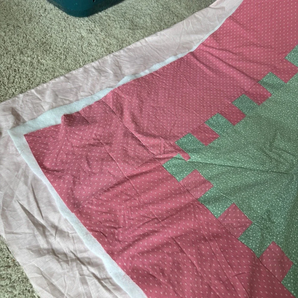 Handmade Heart Patchwork Quilt‎ Sage Green Pink Floral 96x76.5 Unfinished